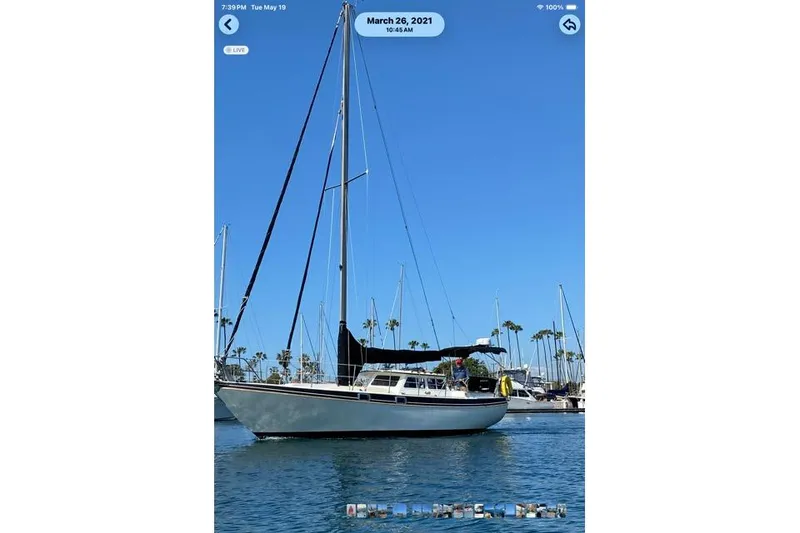 The Image of Sailboat in marina, 1989 Gulf Pilot House, clear blue sky, palm trees in background. - 1
