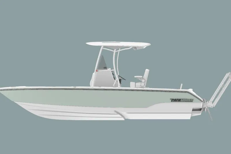 Slide: The Image of 2026 Pathfinder 2400 TRS boat, side view, sleek design, light green hull. - 2