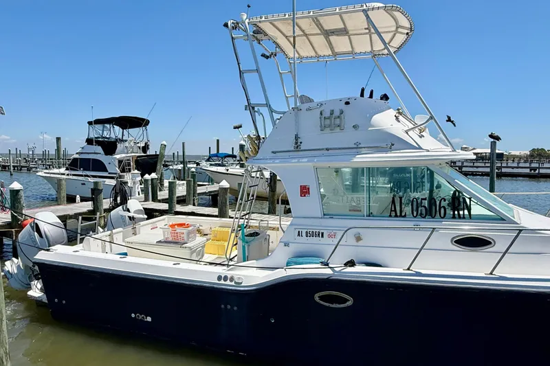 Slide: The Image of 2000 BAJA CRUISER King Cat 340 docked at marina under clear blue sky. - 5