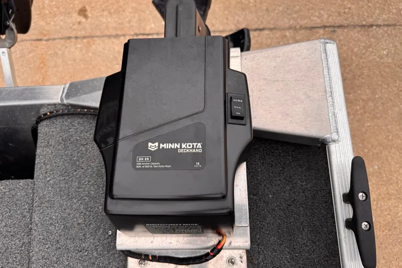 Slide: The Image of Minn Kota Deckhand anchor winch on 2019 Lowe Skorpion 16 boat deck. - 18