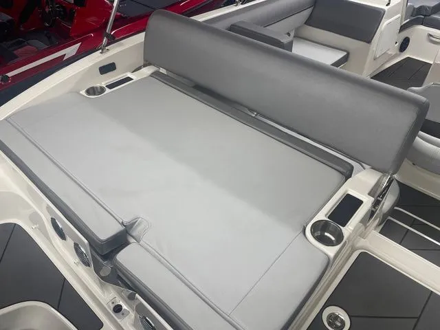 Slide: The Image of Interior of Bayliner DX 2000 boat, gray upholstery, 2023 model. - 5