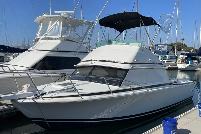Slide: The Image of 1987 Bertram 28 Flybridge boat docked in a marina, featuring sleek design and flybridge canopy. - 2