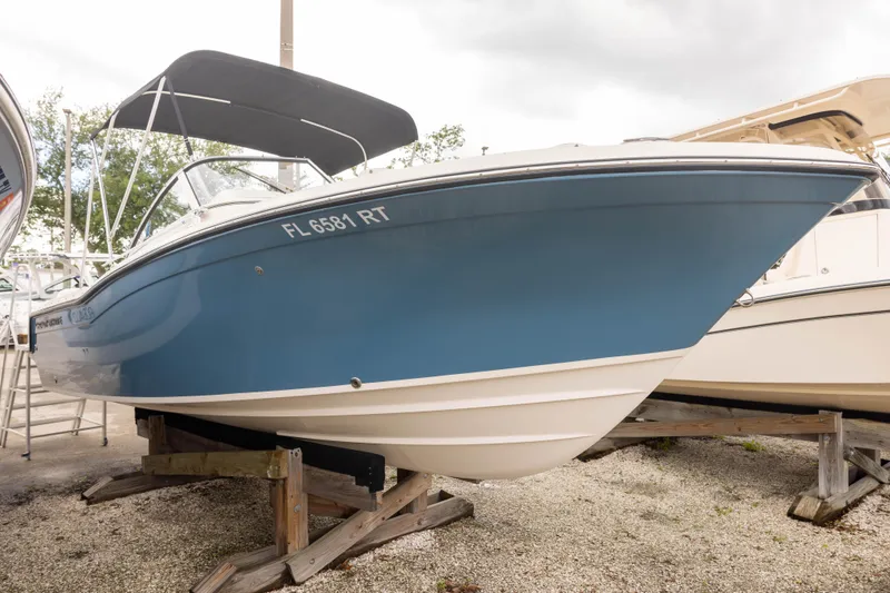 The Image of 2018 Grady-White Freedom 215 boat with blue hull on display outdoors. - 0