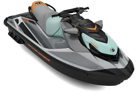 Slide: The Image of 2024 Sea-Doo GTI SE 170 jet ski in sleek gray and aqua design. - 2