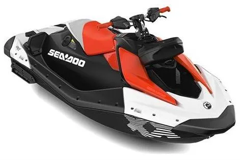 Slide: The Image of 2024 Sea-Doo Spark Trixx for 1, red and black jet ski, side view. - 2