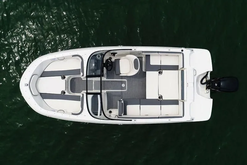 Slide: The Image of Aerial view of 2019 Bayliner VR4 Bowrider OB on water. - 26