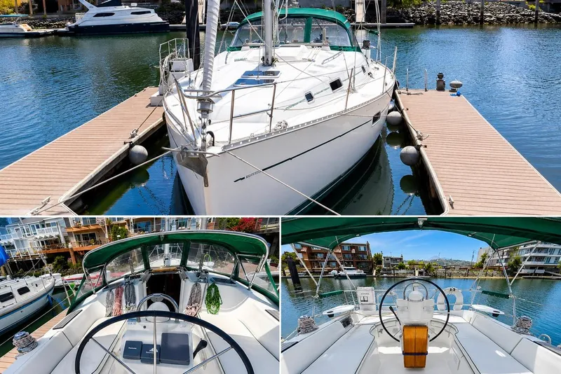 Slide: The Image of 2001 Beneteau 361 sailboat docked, showcasing sleek design and spacious cockpit. - 4