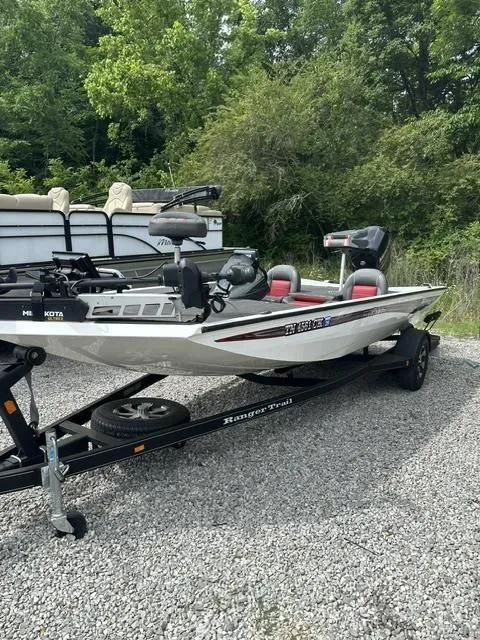Slide: The Image of 2018 Ranger Tournament RT198P boat parked on trailer outdoors. - 3