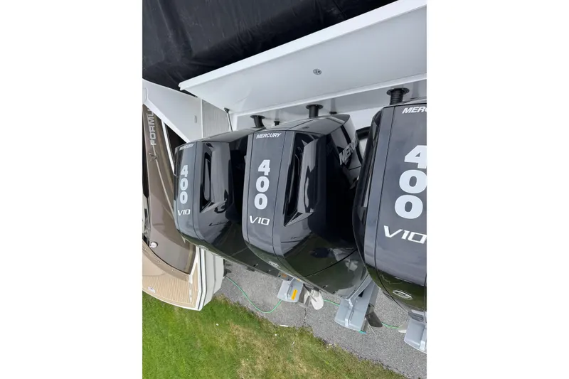 Slide: The Image of Triple Mercury 400 V10 outboard engines on a 2024 Cruisers Yachts 38 GLS OB. - 7