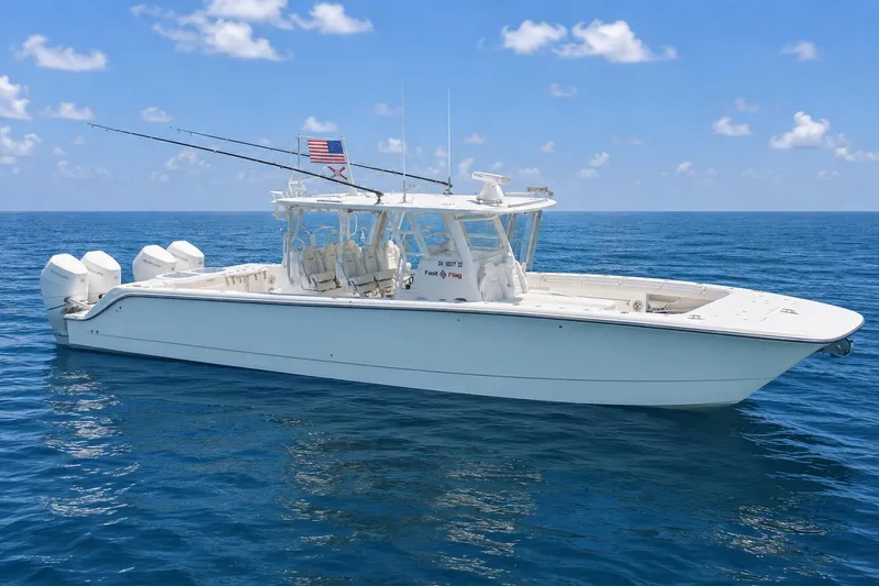 The Image of 2023 Invincible 46 Catamaran on open sea, clear sky, multiple outboard engines. - 0