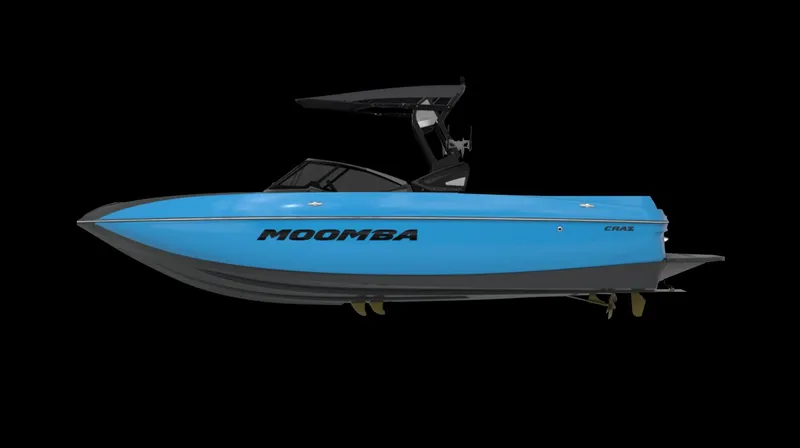 The Image of 2026 Moomba Craz boat in blue, side view on black background. - 1