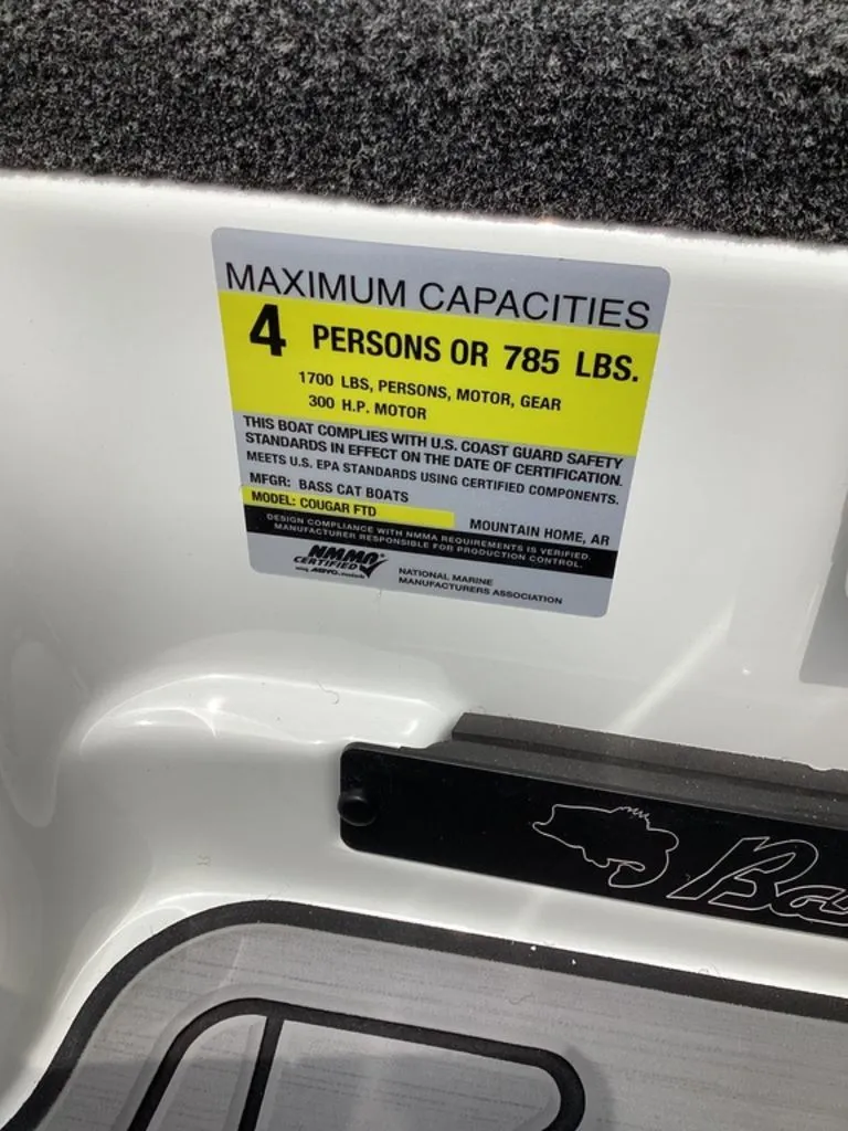 Slide: The Image of Bass Cat Cougar FTD 2026 capacity label, 4 persons or 785 lbs. - 42