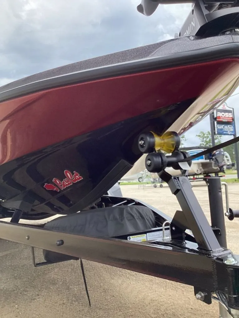 Slide: The Image of 2026 Bass Cat Eyra boat on trailer, close-up of bow. - 20