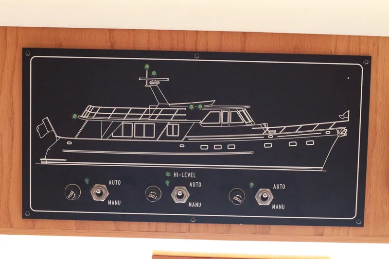 Slide: The Image of Control panel of a 1999 Grand Alaskan Pilothouse yacht with switches and indicators. - 173