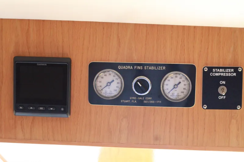 Slide: The Image of Control panel of a 1999 Grand Alaskan Pilothouse with stabilizer gauges and switches. - 174