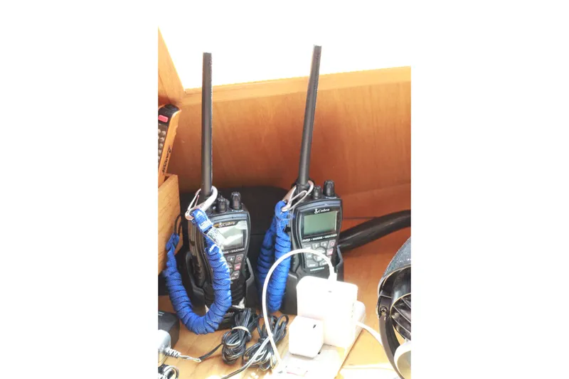 Slide: The Image of Two handheld radios with blue cords on a 1999 Grand Alaskan Pilothouse. - 176