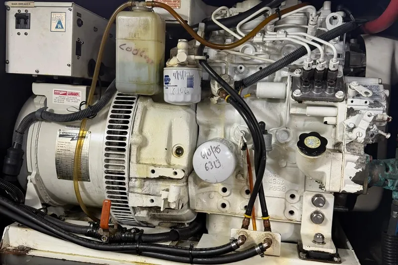 Slide: The Image of Engine compartment of a 1999 Grand Alaskan Pilothouse, showcasing mechanical components and wiring. - 42