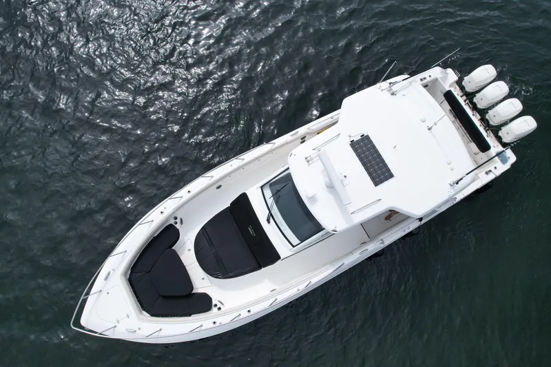 Slide: The Image of Aerial view of 2020 Boston Whaler 420 Outrage boat on water. - 3
