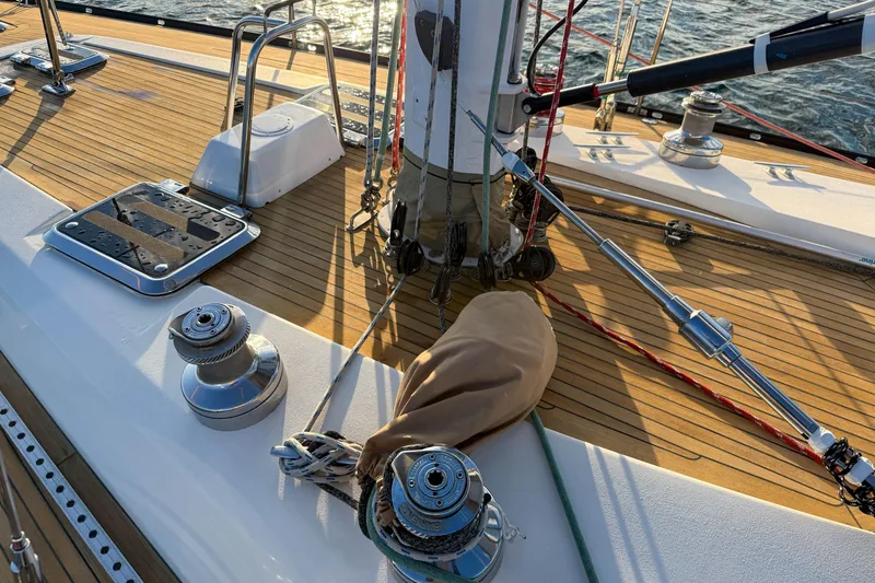 Slide: The Image of Deck of 1990 Baltic 52 sailboat with winches and rigging details. - 51