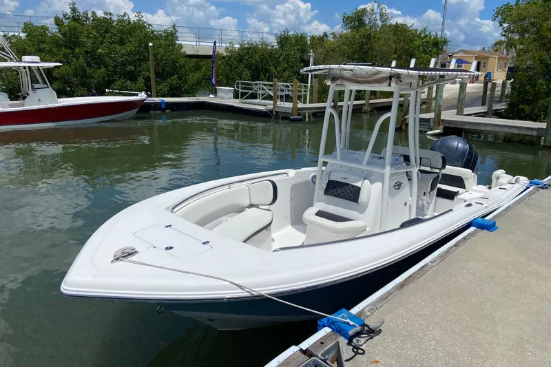 The Image of 2023 Tidewater 220 LXF boat docked in a marina under a sunny sky. - 0