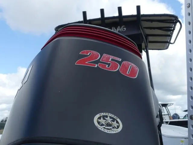 Slide: The Image of Close-up of a 2021 Blue Wave 2300 Pure Bay boat with 250 HP engine. - 11