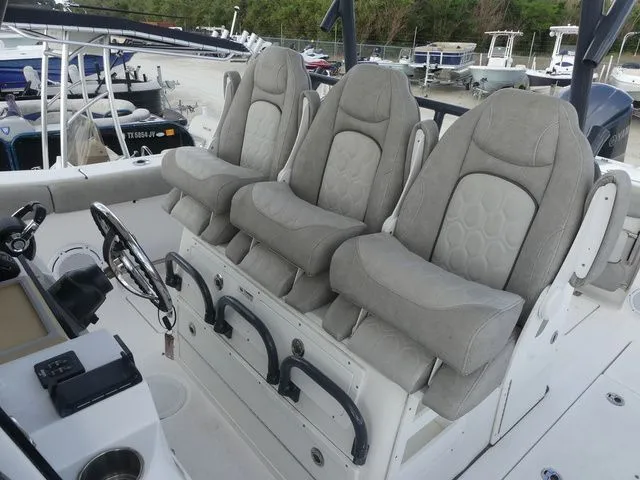 Slide: The Image of Interior of 2021 Sea Fox 328 Commander featuring three luxurious seats. - 29