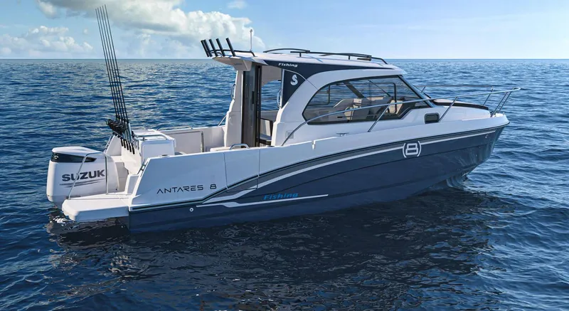 Slide: The Image of 2024 Beneteau Antares 8 boat on open water, side view. - 2
