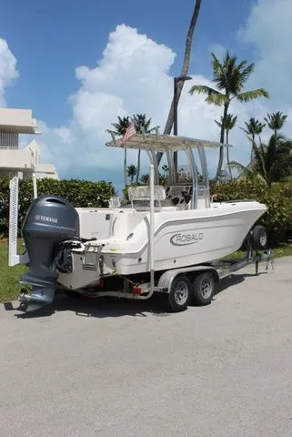 Slide: The Image of 2019 Robalo R222 boat on trailer, tropical backdrop. - 6