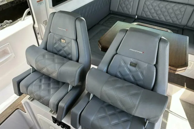 Slide: The Image of Luxurious seating in 2021 Axopar Brabus 37 XC Cross Cabin with quilted leather design. - 15