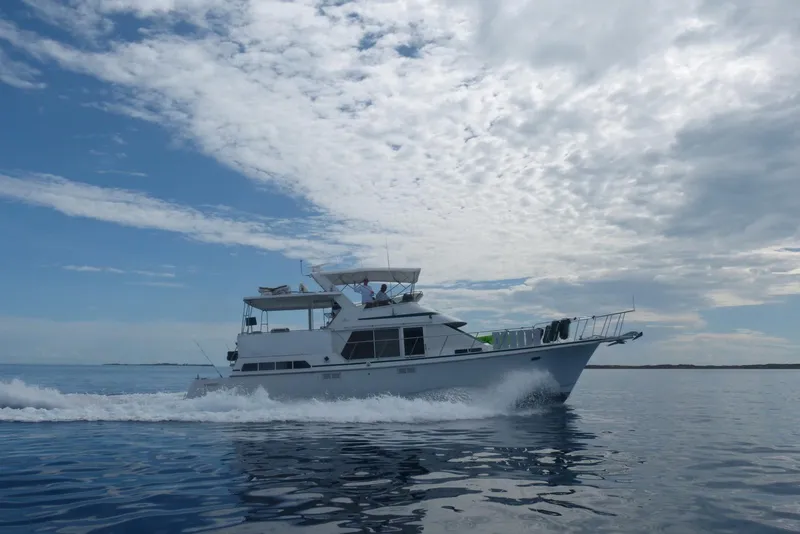 The Image of 1993 Tollycraft 45 Cockpit Motor Yacht cruising on open water under a cloudy sky. - 0