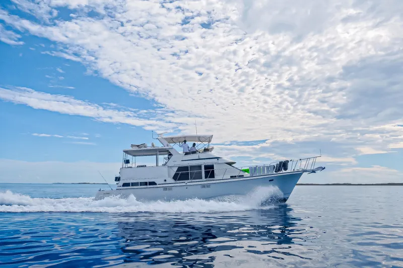 Slide: The Image of 1994 Tollycraft 45 Cockpit Motor Yacht cruising on open water under a partly cloudy sky. - 54