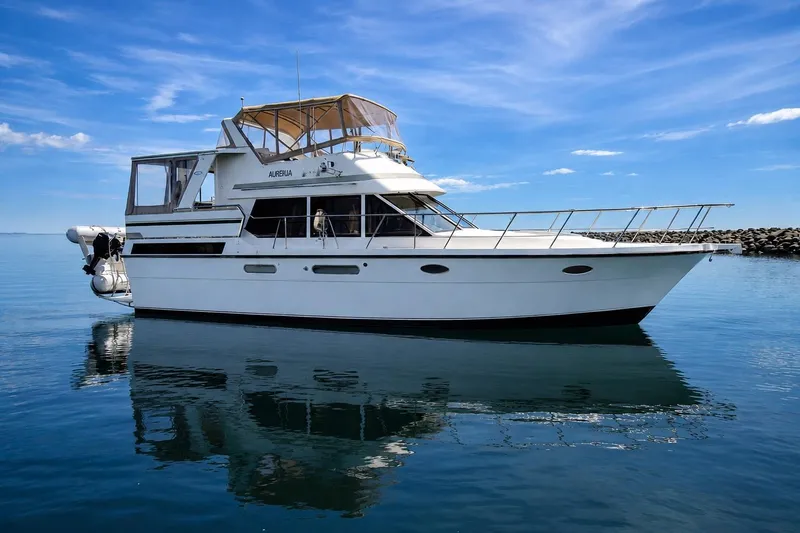 The Image of 1989 Marine Trader Transworld 39 Sundeck Motor Yacht on calm water under blue sky. - 0