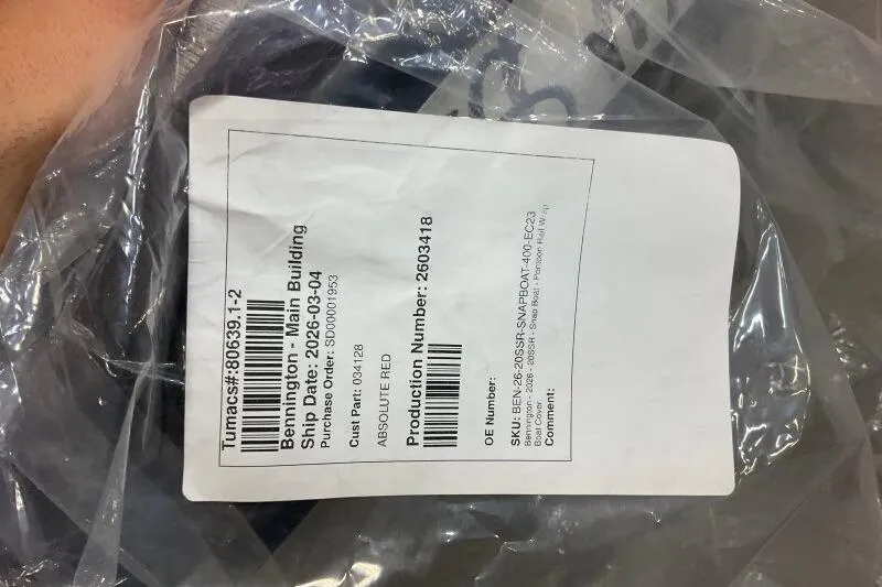 Slide: The Image of Plastic-wrapped label for Bennington S 20 SSR, 2026 model, with shipping details. - 29