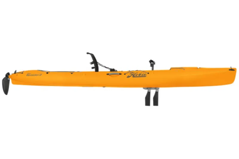 Slide: The Image of 2023 Hobie Revolution 13 kayak, side view, bright yellow color. - 19