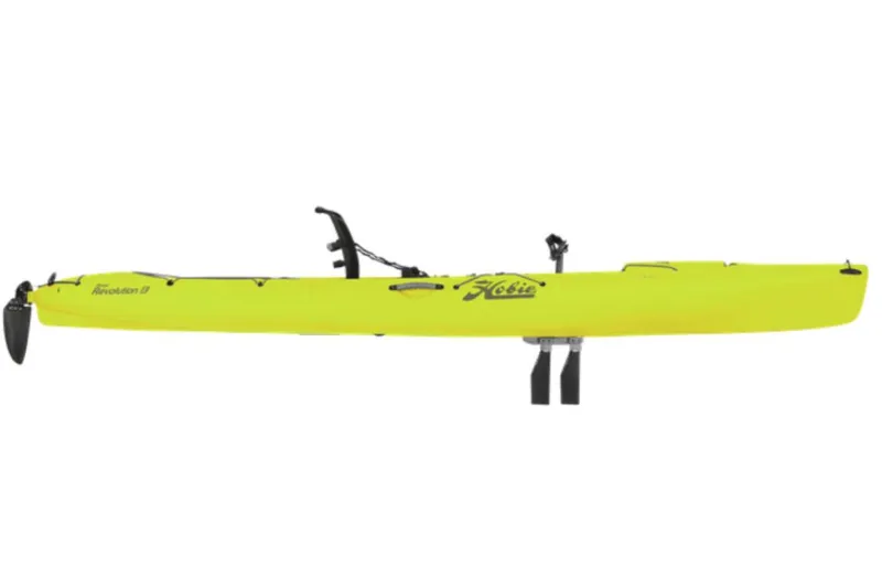 Slide: The Image of 2023 Hobie Revolution 13 kayak, bright yellow, side view. - 21