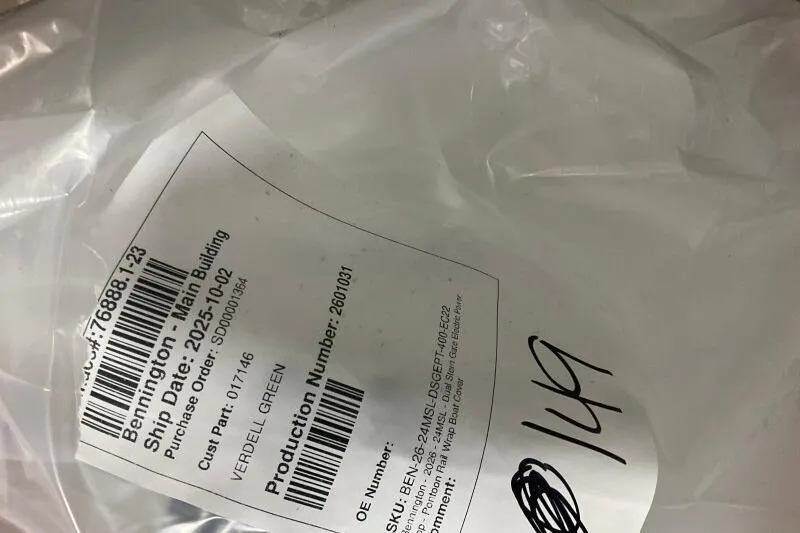Slide: The Image of Label on Bennington 24 M L-Bench package, showing shipping and production details. - 11