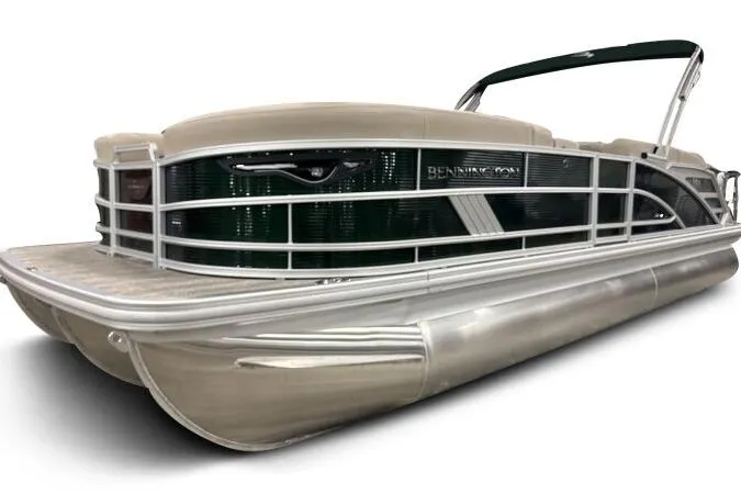 Slide: The Image of 2026 Bennington 24 M L-Bench pontoon boat with sleek design and modern features. - 2