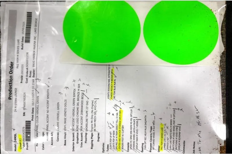 Slide: The Image of Production order document for 2026 Bennington 24 M L-Bench with green stickers. - 24