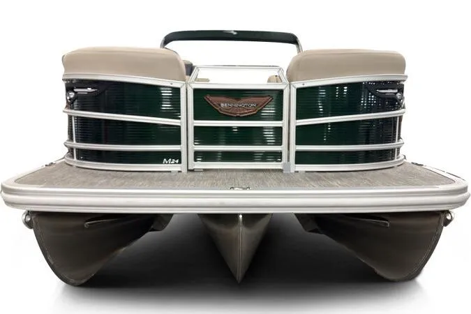 Slide: The Image of 2026 Bennington 24 M L-Bench pontoon boat, rear view, showcasing sleek design and dual pontoons. - 3