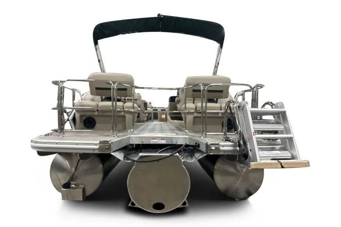 Slide: The Image of 2026 Bennington 24 M L-Bench pontoon boat, rear view with seating and ladder. - 5