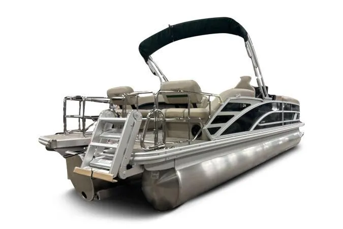 Slide: The Image of 2026 Bennington 24 M L-Bench pontoon boat with sleek design and comfortable seating. - 6