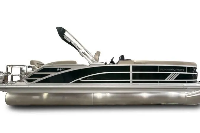 Slide: The Image of 2026 Bennington 24 M L-Bench pontoon boat, sleek design, side view, black and silver accents. - 7