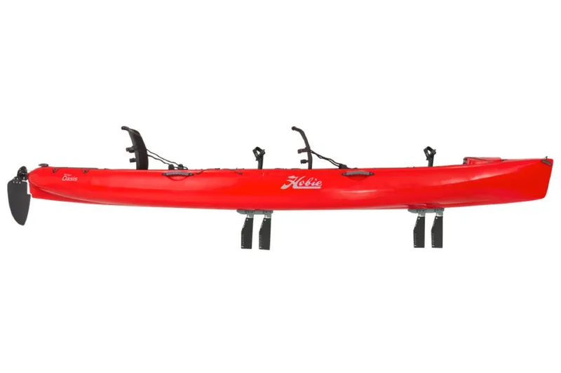 Slide: The Image of 2022 Hobie Mirage Oasis red tandem kayak with pedal drive system. - 12