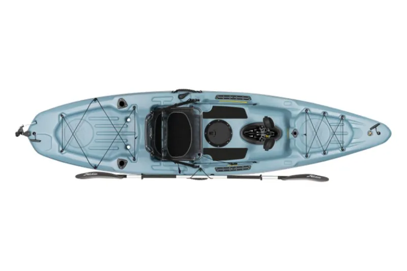 Slide: The Image of 2023 Hobie Passport 12.0 kayak, top view, blue color, with paddle and storage areas. - 5