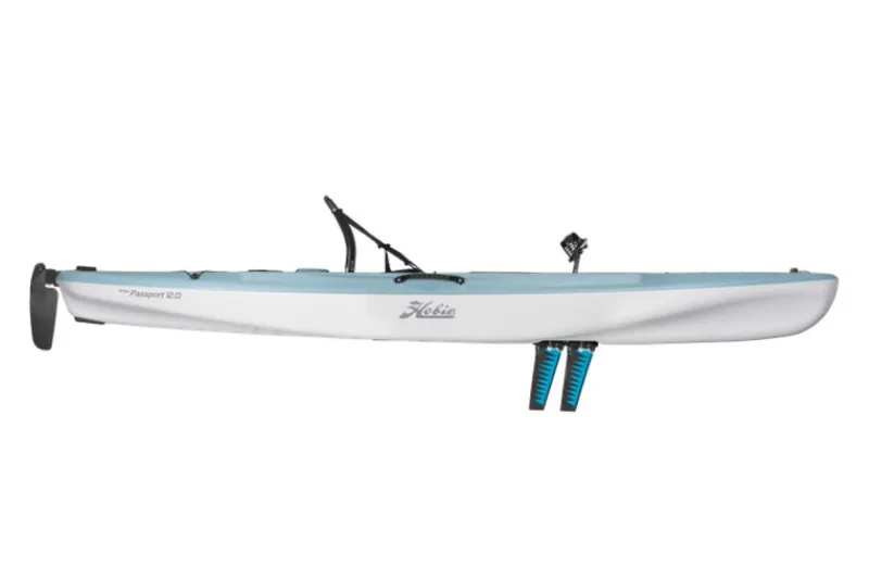 Slide: The Image of 2023 Hobie Passport 12.0 kayak, side view, white and blue. - 6