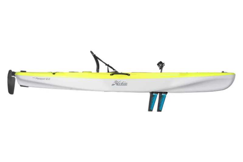 Slide: The Image of 2023 Hobie Passport 12.0 kayak, side view, white and yellow. - 7