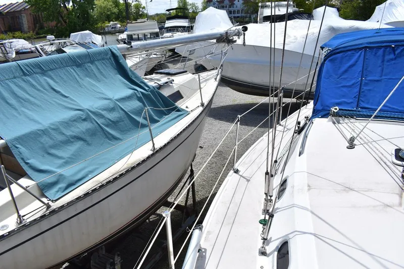 Slide: The Image of Catalina 310 sailboats from 2001, covered and docked in a marina. - 35
