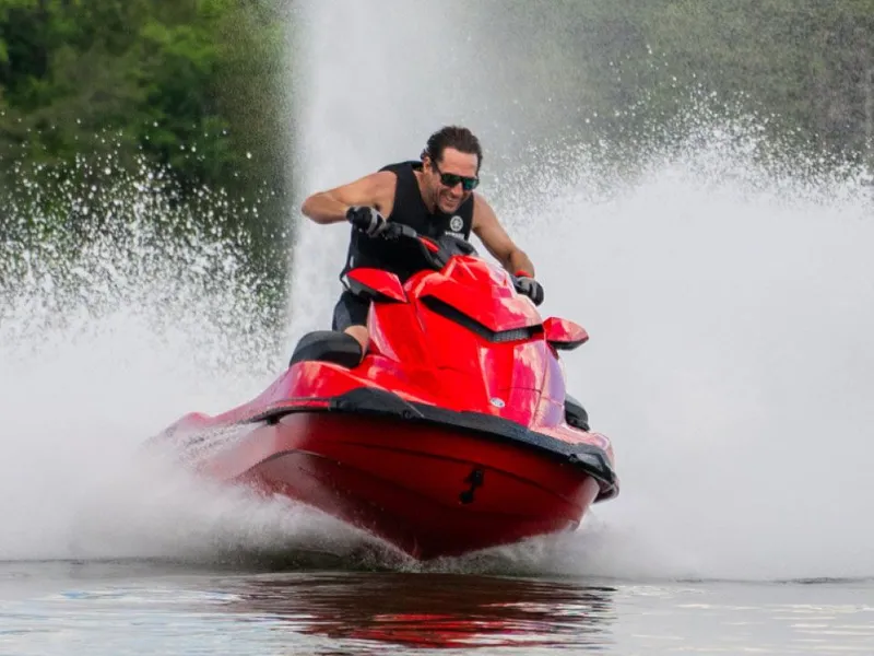 Slide: The Image of Red 2026 Yamaha GP SVHO jet ski with audio on water. - 10