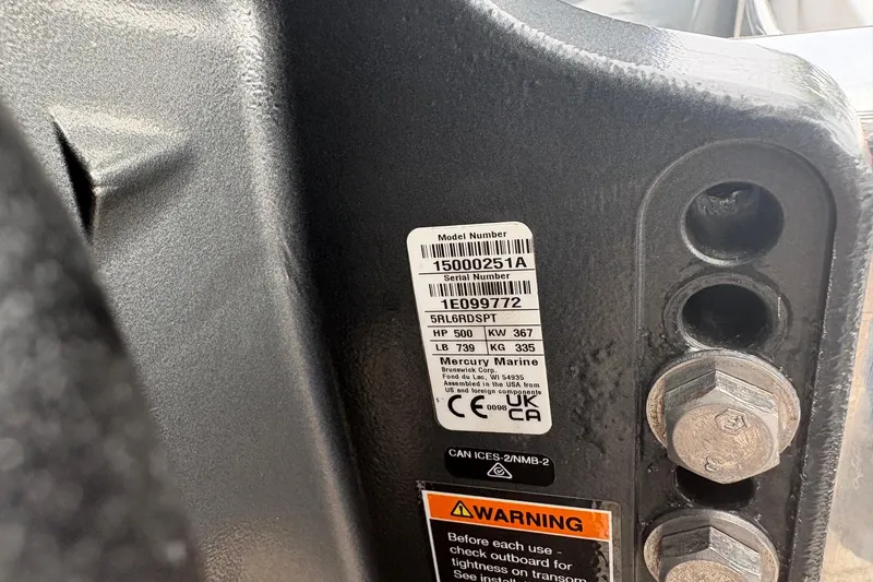 Slide: The Image of Label on 2024 Nor-Tech 390 Sport Center Console, displaying model and serial numbers. - 39