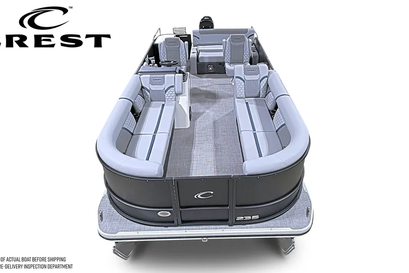Slide: The Image of 2026 Crest Conquest 230 SLSC pontoon boat with spacious seating and modern design. - 1